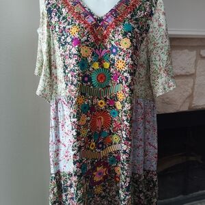 See And Be Seen Floral Multicolor V-Neck Dress Artsy Cottagecore Large